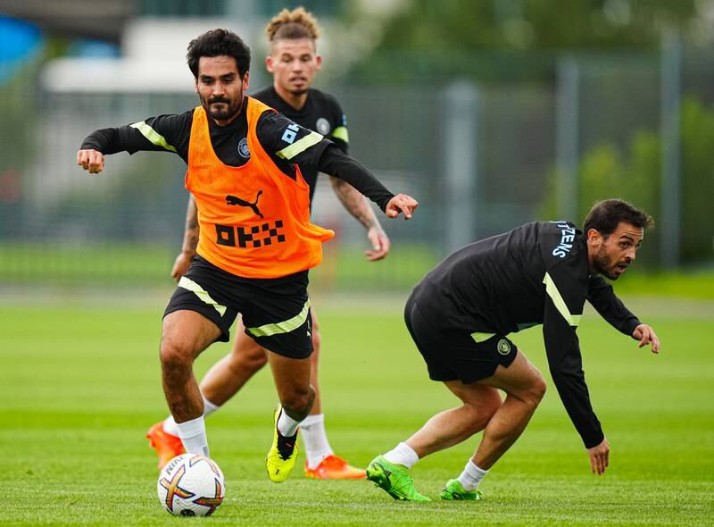 Manchester City's llkay Gundogan and Bernardo Silva train for the new season. Getty