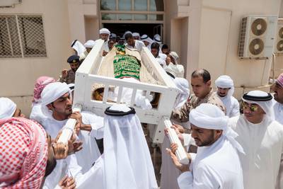 FUJEIRAH, UNITED ARAB EMIRATES, 19 JUNE 2017. The funeral of Emirati Athlete Abdullah Hayayei in Qidfa that died from an accident in London while training. Abdullah's remains leave the Zaid Bin Khatieb Mosque on it's way to the burial site. (Photo: Antonie Robertson/The National) Journalist: Ruba Haza. Section: National.