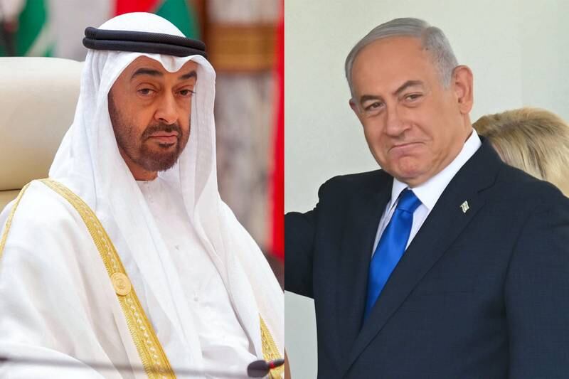 President Sheikh Mohamed spoke with Israeli Prime Minister Benjamin Netanyahu on Saturday. Ministry of the Presidential Court; AFP