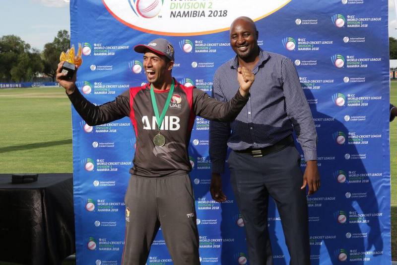 UAE captain Rohan Mustafa could not hide his joy after the UAE won the World Cricket League Division 2 title in Namibia. Johan Jooste