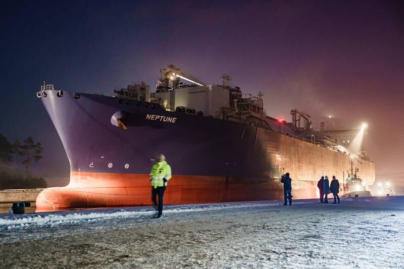 The floating storage regasification ship ‘Neptune’ arrives at the industrial port of Lubmin in Germany, where the country's only privately financed LNG terminal is being developed by Lubmin-based Deutsche ReGas. EPA
