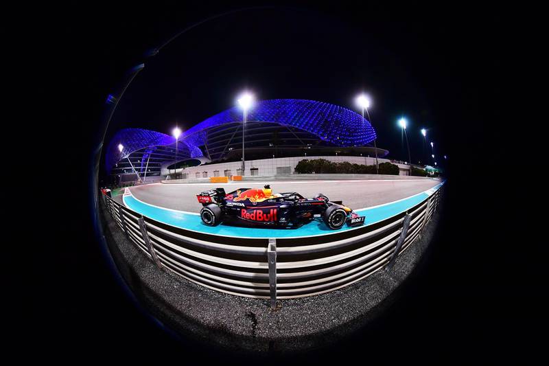 ABU DHABI, UNITED ARAB EMIRATES - DECEMBER 13: Max Verstappen of the Netherlands driving the (33) Aston Martin Red Bull Racing RB16 during the F1 Grand Prix of Abu Dhabi at Yas Marina Circuit on December 13, 2020 in Abu Dhabi, United Arab Emirates. (Photo by Giuseppe Cacace - Pool/Getty Images)