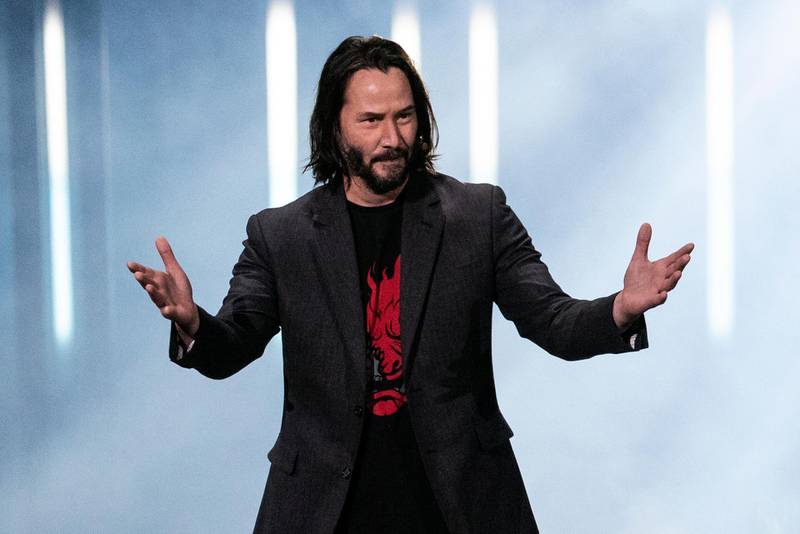 epa07638136 Canadian-American actor Keanu Reeves appears on stage to present to the new game franchise 'Cyberpunk 2077' during the Microsoft Microsoft Xbox 2019 Briefing at the Microsoft Theater in Los Angeles, California, USA, 09 June 2019. This event occured ahead of the Electronic Entertainment Expo (E3) which runs from 11 to 13 June 2019.  EPA/ETIENNE LAURENT