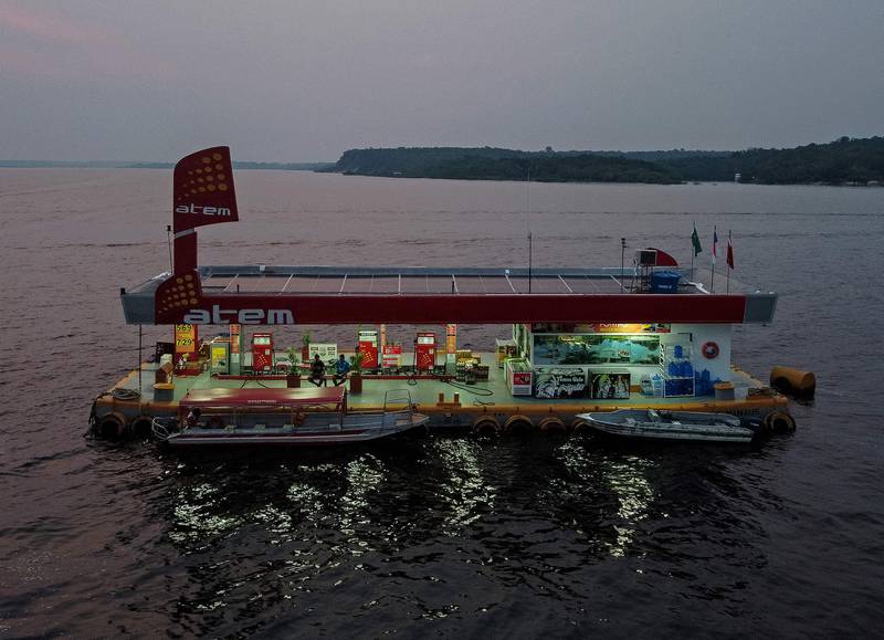 Brazilian fuel distribution company Atem's floating petrol station on the Rio Negro river near Manaus in Brazil. 