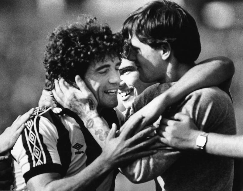 New signing Kevin Keegan is embraced by fans after scoring on his Newcastle debut in a 1-1 draw with QPR, 28th August 1982. (Photo by Hulton Archive/Getty Images)