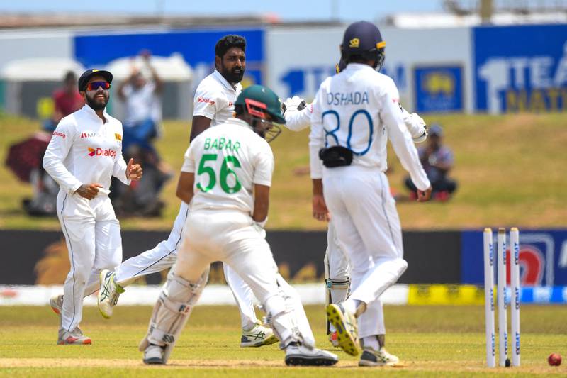 Sri Lanka's Prabath Jayasuriya took the prized wicket of captain Babar Azam. AFP