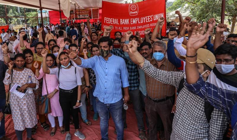 Indian bank employees protest. EPA