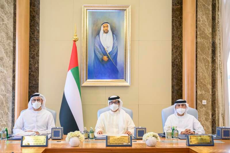 Sheikh Mansour bin Zayed, Deputy Prime Minister and Minister of Presidential Court, Mohammed Al Gergawi, Minister of Cabinet Affairs and Suhail Al Mazroui, Ministry of Energy and Infrastructure. Hamad Al Kaabi / Ministry of Presidential Court