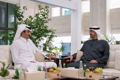 President Sheikh Mohamed meets Qatar's Emir Sheikh Tamim at Al Shati Palace. All photos: UAE Presidential Court 