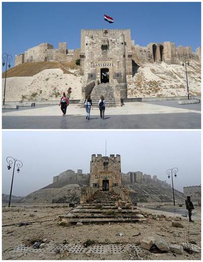 Aleppo’s historic citadel before it was damaged on August 9, 2010, top, and after on December 13, 2016. Sandra Auger (top) / Omar Sanadiki / Reuters