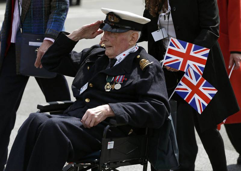 A Royal Navy war veteran at an armed forces and veterans' parade on May 10, 2015. AFP