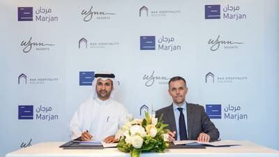 The deal to host the Wynn hotel was signed by Abdullah Al Abdooli, chief executive of Marjan, and Craig Billings, chief executive of Wynn Resorts. Photo: Marjan Island