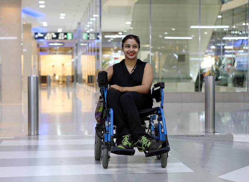 Dubai, 09, March, 2017: Shobhika Kalra, founder of WingsOfAngelz, who uses a wheelchair and the metro to get around pose during the interview  in Dubai. ( Satish Kumar / The National ) 
ID No: 24733
Section: News
Reporter: Dana Moukhallati *** Local Caption ***  SK-ShobhikaKalra-09032017-01.jpg