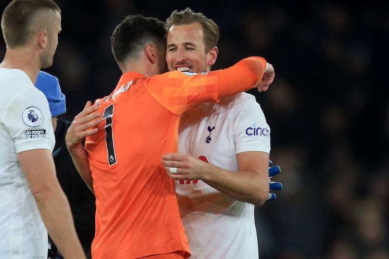 Tottenham goalkeeper Hugo Lloris congratulates Harry Kane. AFP