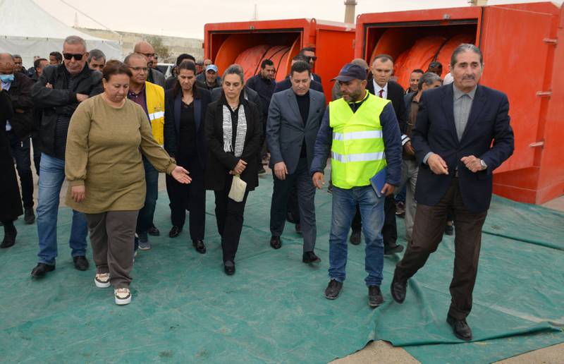 Tunisia's Environment Minister Leila Chikhaoui, centre, tours the port in Gabes after a merchant fuel ship sank off the coast. AFP
