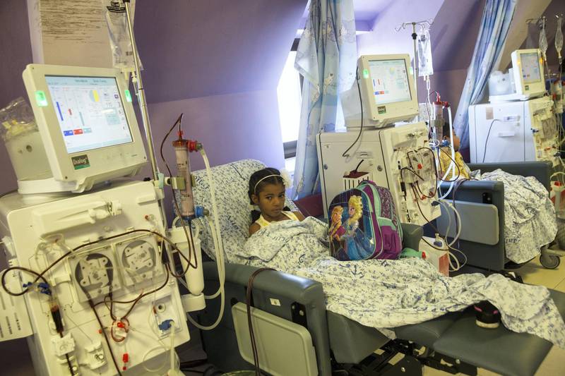 Palestinian Shaheed Siam,11, from Ramallah during her kidney dialysis treatment at the Augusta Victoria Hospital on the Mt. of Olives in east Jerusalem on September 12,2018.

Last Friday the Trump administration announced cutting aid to Palestinians that slashes funds for cancer patients and others in critical need being treated in the East Jerusalem network of hospitals. The State Department said it was slashing $25 million . US President Donald Trump said that he is pressuring the Palestinians to negotiate a peace deal with Israel .(Photo by Heidi Levine For The National).