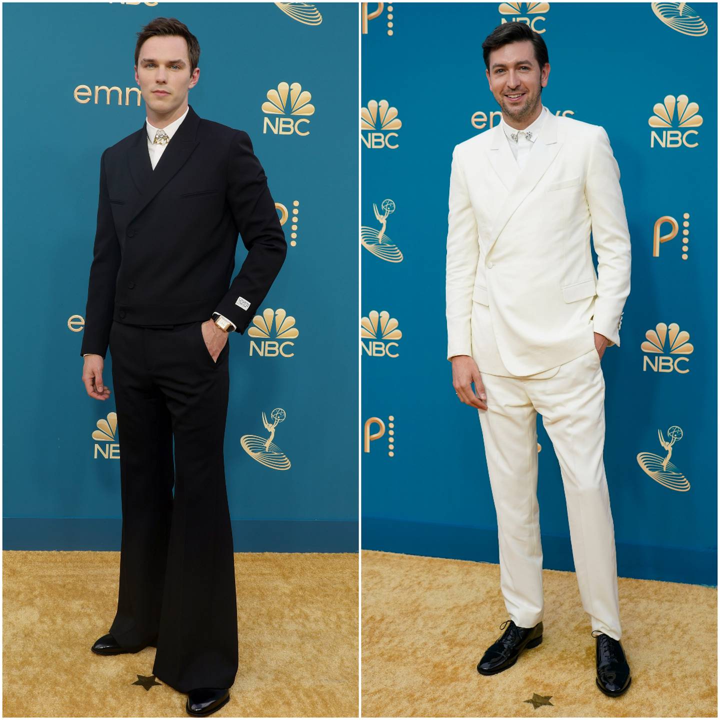 Nicholas Hoult and Nicholas Braun wearing complementary Dior suit designs. Getty Images; PA News