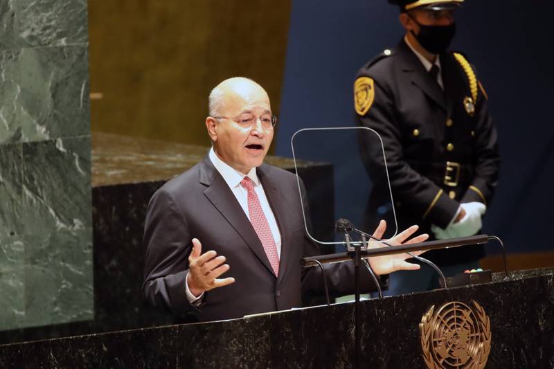 Iraq's President Barham Salih addresses the UN General Assembly.  AFP
