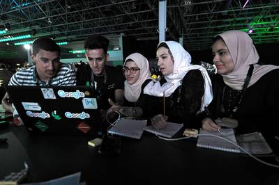 People attend a hackathon in Jeddah on July 31, 2018, prior to the start of the annual Hajj pilgrimage in the holy city of Mecca.
More than 3,000 software developers and 18,000 computer and information-technology enthusiasts from more than 100 countries take part in Hajj hackathon in Jeddah until August 3. / AFP PHOTO / Amer HILABI