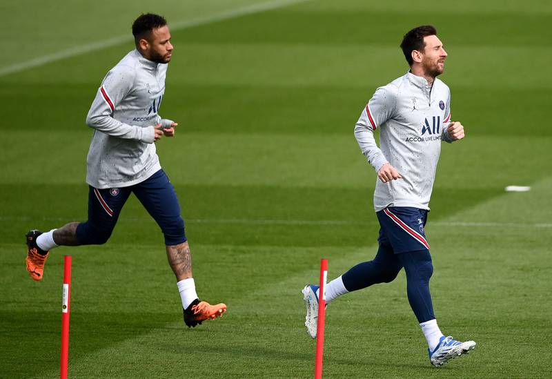 Neymar and Lionel Messi during PSG training. AFP