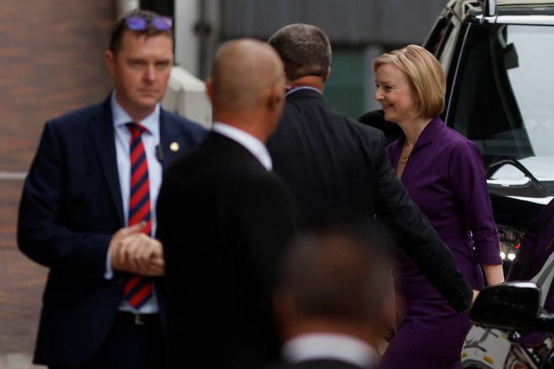 The UK's Foreign Secretary and Conservative leadership candidate Liz Truss arrives for the announcement of Britain's next prime minister at the Queen Elizabeth II Centre in London on Monday. Reuters