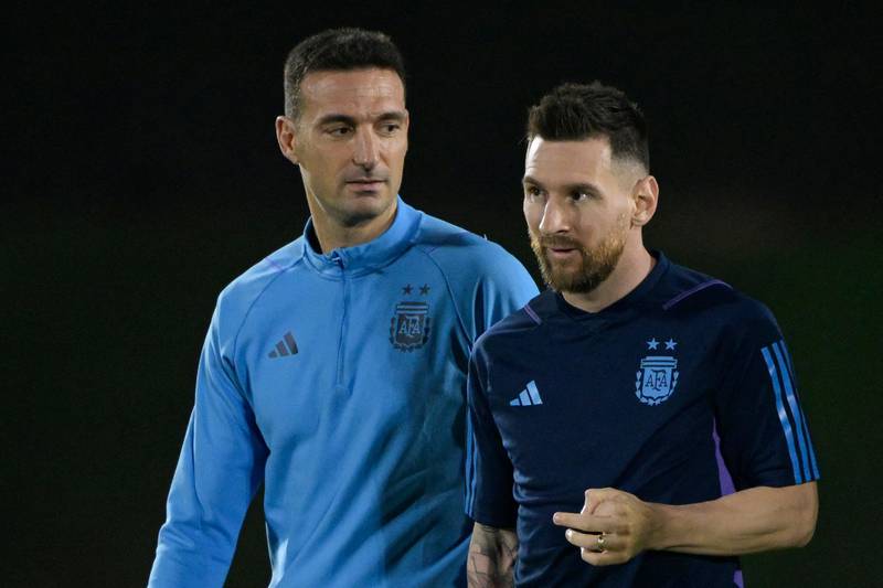 Argentina coach Lionel Scaloni and Lionel Messi during a training session at Qatar University. AFP