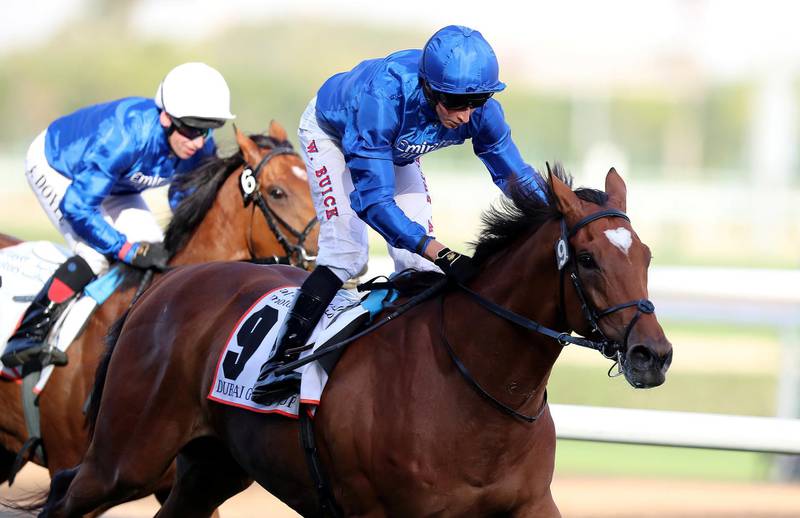 DUBAI , UNITED ARAB EMIRATES , MARCH 30  – 2018 :- Cross Counter ( GB   ) ridden by William Buick ( no 9   ) won the 3rd horse race Dubai Gold Cup 3200m turf during the Dubai World Cup held at Meydan Racecourse in Dubai. ( Pawan Singh / The National ) For News/Sports/Instagram/Big Picture. Story by Amith/Rupert