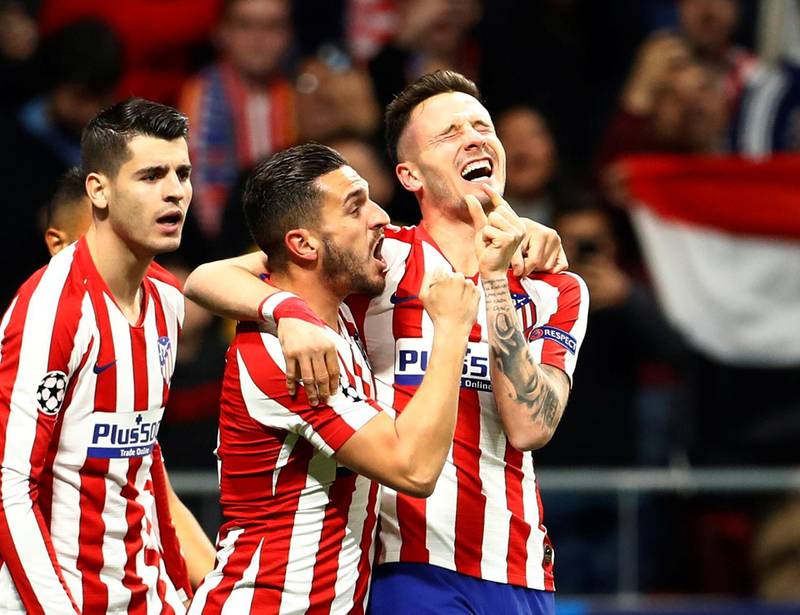 Atletico Madrid's Saul Niguez celebrates scoring their first goal against Liverpool with Koke and Alvaro Morat. Atleti would go on to win the Champions League last-16, first leg 1-0. Reuters