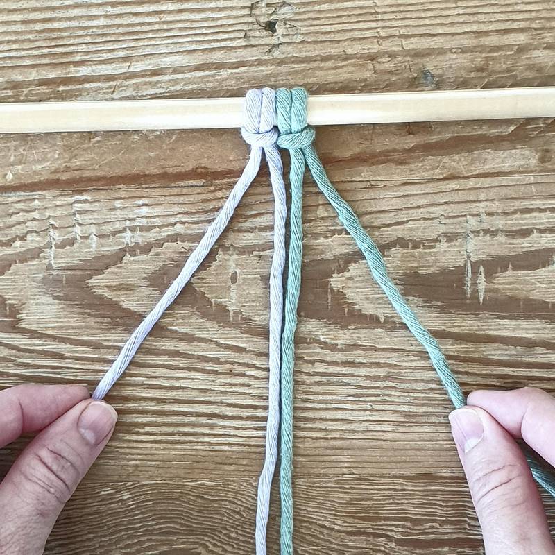 Take two macrame cords of equal length. Fold each in half and make a loop with one on the far side of the keychain, then thread through the two ends and pull firmly to secure. Repeat for the second cord. All photo courtesy: Turquoise Boutique Studio and Similitude Photography