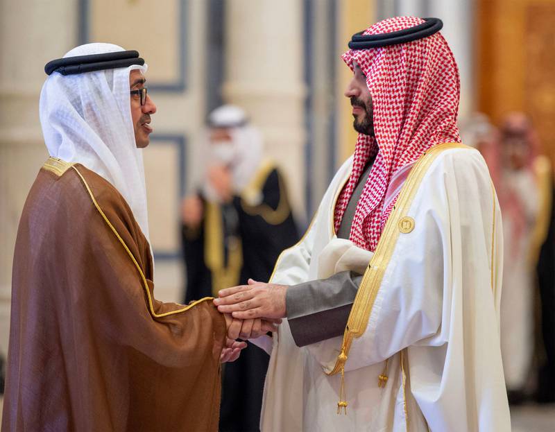 Minister of Foreign Affairs and International Co-operation Sheikh Abdullah bin Zayed with Saudi Crown Prince Mohammed bin Salman at the summit. SPA / AFP