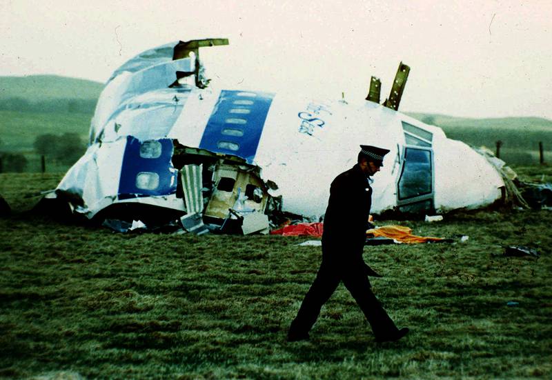 Parts of Pan Am flight 103 in a field in Lockerbie. Abu Agila Mohammad Masud is suspected of involvement in the bombing. AP