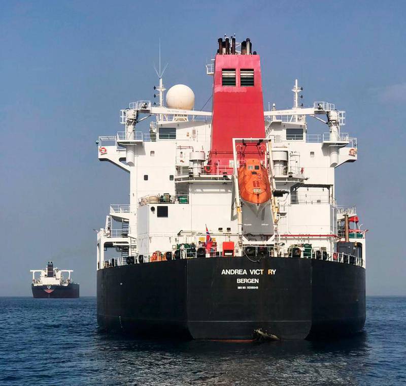 FILE - This May 13, 2019, file photo provided by the United Arab Emirates' National Media Council shows the Norwegian-flagged oil tanker MT Andrea Victory off the coast of Fujairah, United Arab Emirates.  International investigators believe last month's attacks on oil tankers in a United Arab Emirates port were led by a foreign state using divers on speed boats who planted mines on the vessels. (United Arab Emirates National Media Council via AP, File)