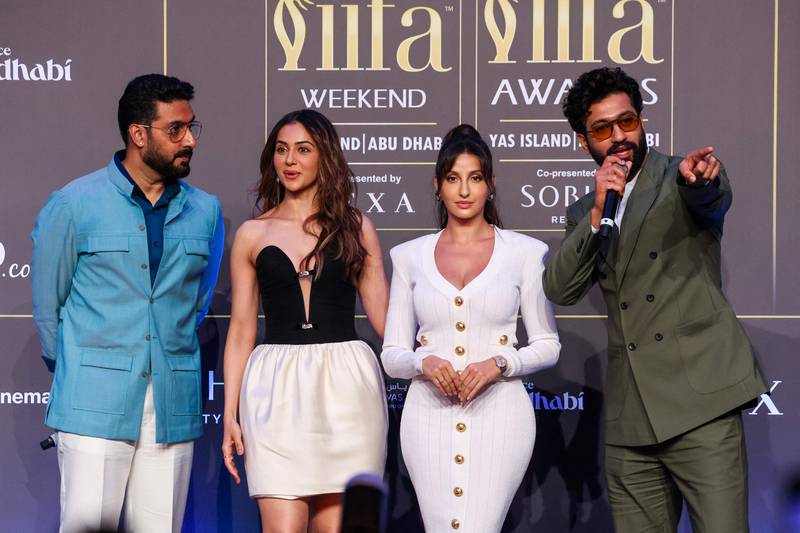 From left to right, Bollywood stars Abhishek Bachchan, Rakul Preet Singh, Nora Fatehi and Vicky Kaushal in Abu Dhabi. AFP