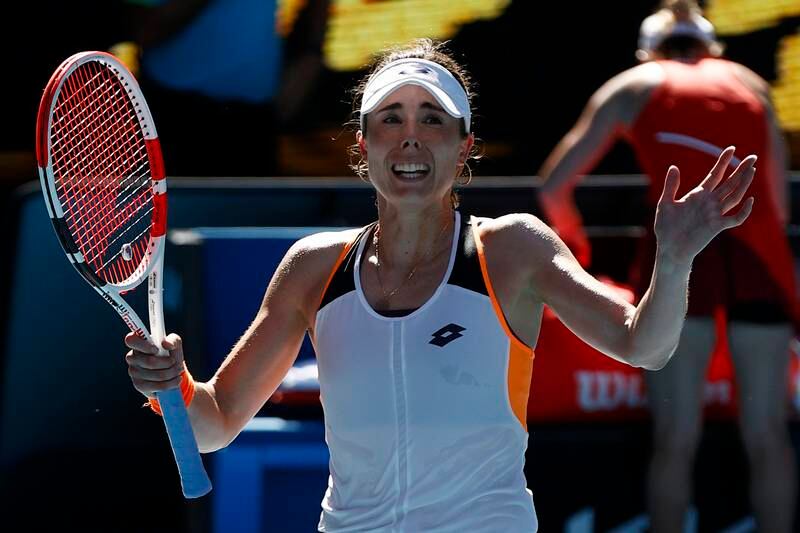 Alize Cornet celebrates after beating Simona Halep in the Australian Open fourth round. Getty Images