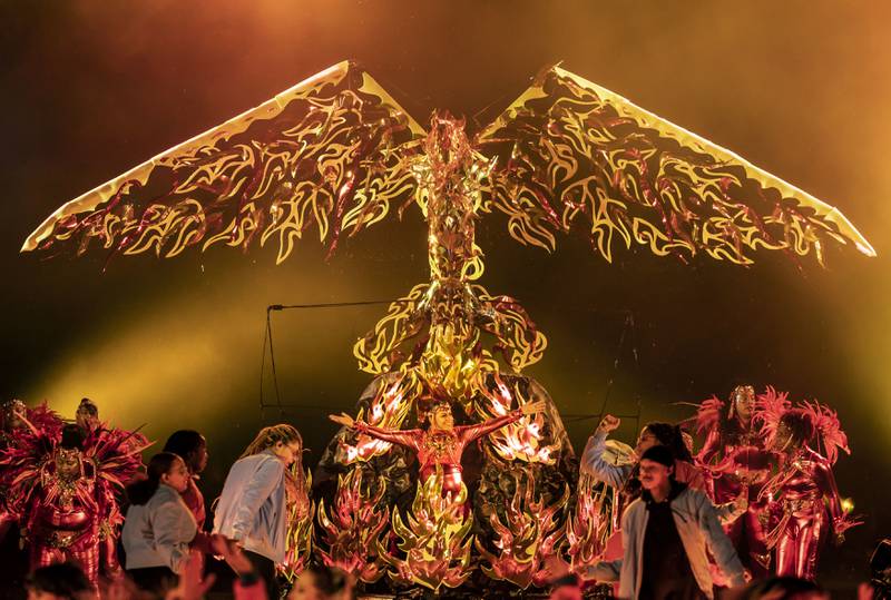 Carnival dancers perform during The Awakening at Headingley Stadium in Leeds, which celebrates the English city's cultural past, present and future.