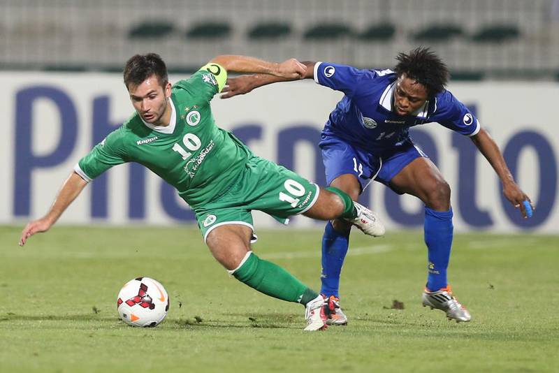 Carlos Villanueva, left, opened the scoring for Al Shabab in their 3-1 win at home for the second leg. The Dubai-based club lost the tie 5-4 on aggregate in penalty kicks. Afsal Sham / Al Ittihad 