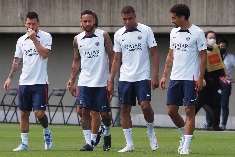 Paris Saint-Germain's Lionel Messi, Neymar, Kylian Mbappe and Marquinhos enter the pitch. AFP
