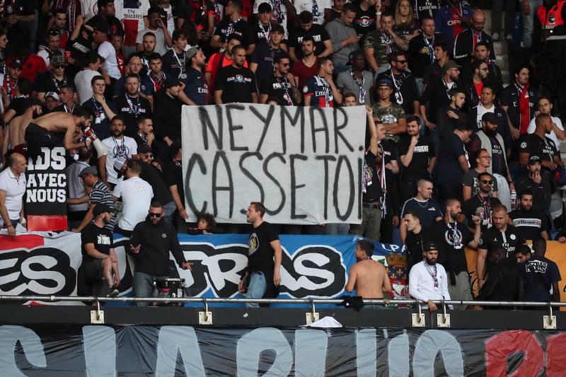 epa07768906 PSG fans display a banner reading 'Neymar Go Away!' prior to  the French soccer Ligue 1 match between Paris Saint Germain (PSG) and Nimes at the Parc des Princes stadium in Paris, France, 11 August 2019.  EPA/CHRISTOPHE PETIT TESSON