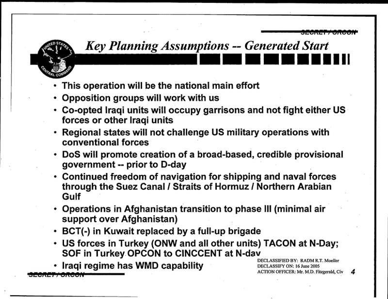 PowerPoint slides show US planning assumptions prior to the 2003 war. Source: US National Security Archive