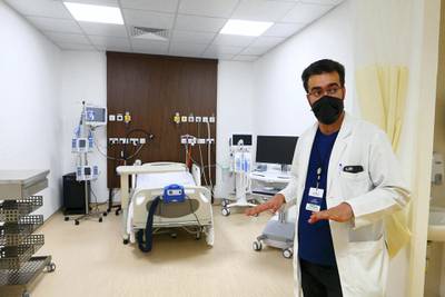 Doctor Mohammad Nour Al Saeed showing the SEHA ICU Center at Dubai Parks and Resorts in Dubai on April 26,2021. (Pawan Singh/The National). Story by Nick Webster