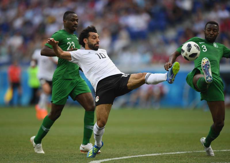 Mohamed Salah of Egypt scores his team's first goal during the Group A match against Saudia Arabia. Getty