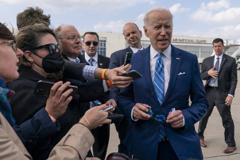 President Joe Biden speaks to the media before boarding Air Force One at Des Moines International Airport, en route to Washington.   AP