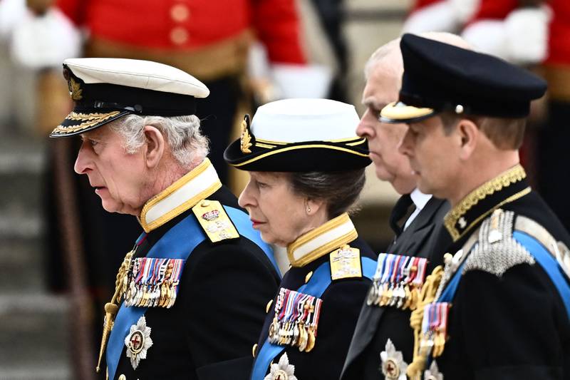 King Charles, Princess Anne, Prince Andrew and Prince Edward arrive at Westminster Abbey. AFP