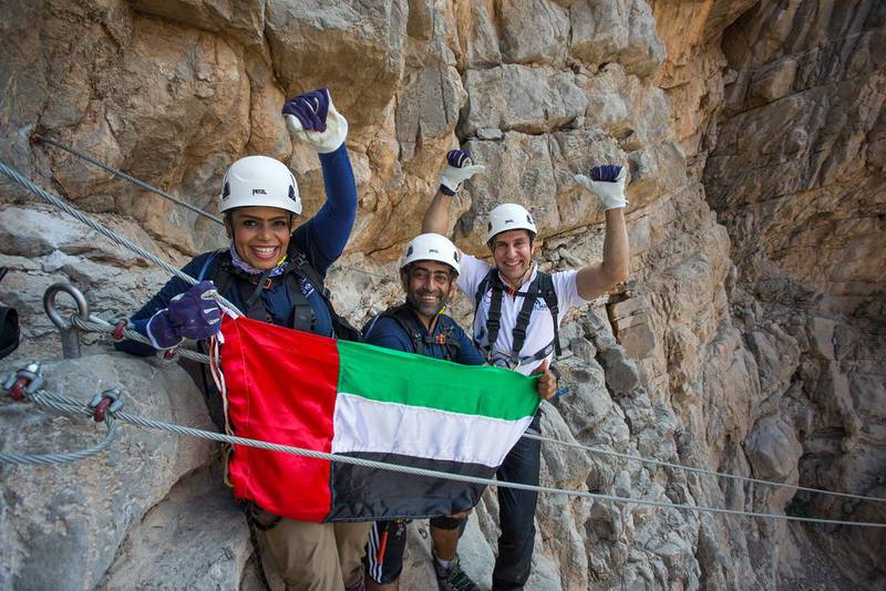 The region’s first commercial Via Ferrata and UAE's largest outdoor zip line, just opened in Ras Al Khaimah, was put to the test by the chief of RAK Tourism Development Authority, Haitham Mattar, and the Emirati adventurers Huda Zowayed and Hamad Al Mazrouey. Courtesy Action PR 
