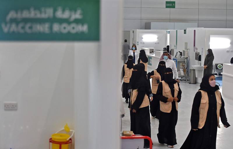 Nursing staff wait at the location where the vaccine is being administered as part of a vaccination campaign by the Saudi health ministry in the capital Riyadh. AFP