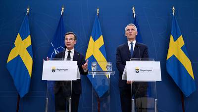 Sweden's Prime Minister Ulf Kristersson and Nato Secretary General Jens Stoltenberg at a joint press conference on Tuesday. AFP