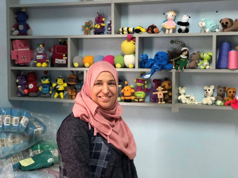 Wafaa Al-Zohoury, the Crochet Community Collective's trainer and herself a Syrian refugee, stands in the crocheting room at MAPs' headquarters in the Bekaa Valley. Courtesy Laura McKenzie