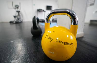 A dumbbell inside the gym. There are also two outside courtyards where asylum seekers can play team sports, including basketball and football