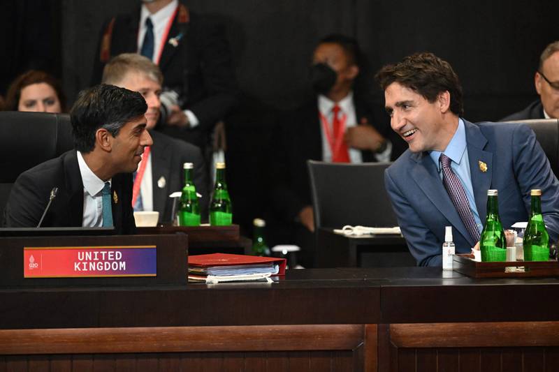 Britain's Prime Minister Rishi Sunak and Canada's Prime Minister Justin Trudeau have a discussion on the sidelines of the summit. AFP