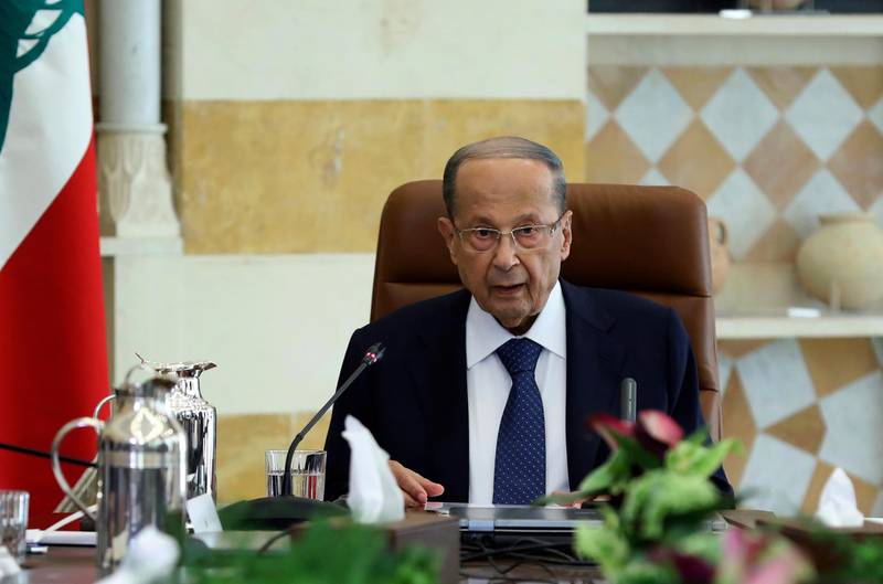 In this photo released by Lebanon's official government photographer Dalati Nohra, Lebanese President Michel Aoun meets with political leaders with the aim of finding solutions to the country's economic crisis, in the presidential palace, in Baabda, east of Beirut, Lebanon, Monday, Sept. 2, 2019. Aoun said in a speech at the opening of the one-day session that everyone should make "sacrifices" in order to get one of the world's most indebted countries out of its problems. (Dalati Nohra via AP)